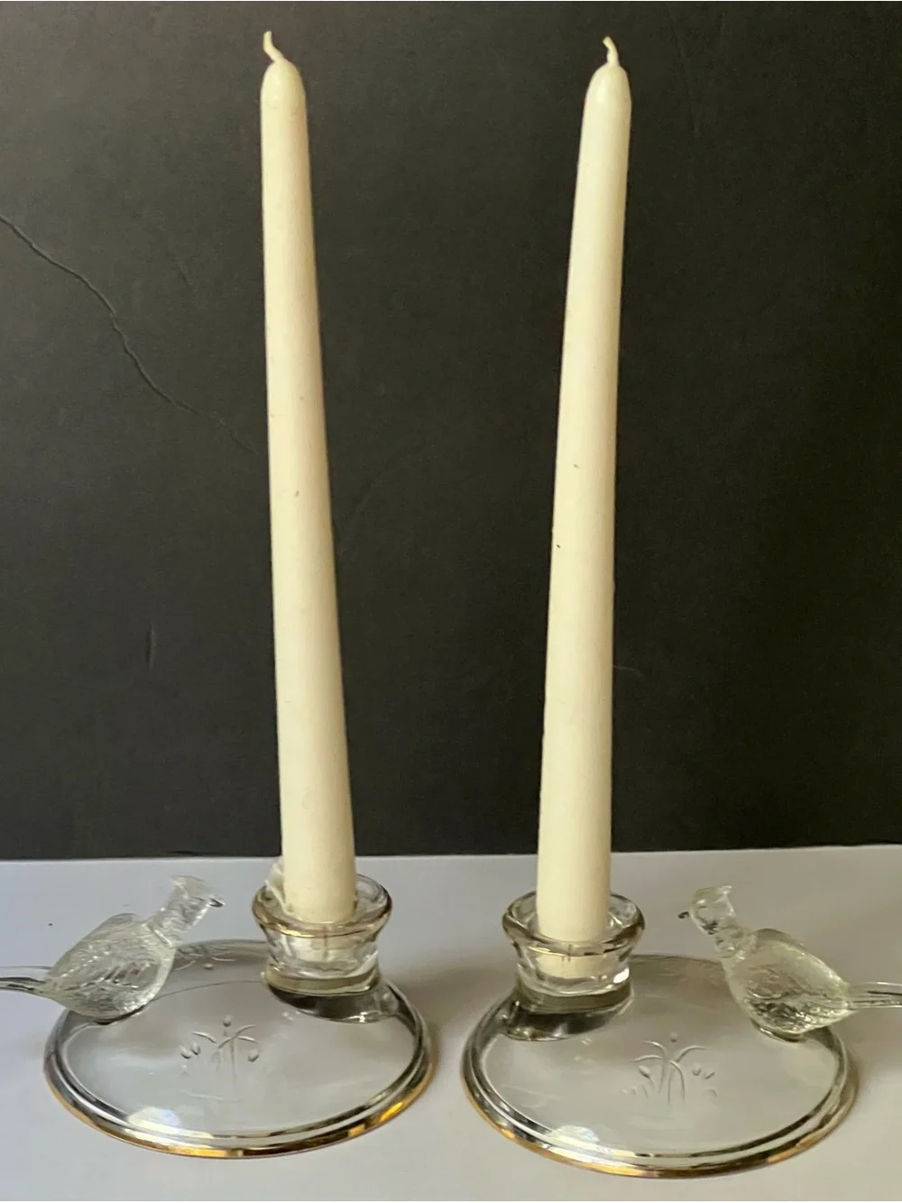 Clear Glass Bird Candle Holders with Gold Trim - Pair-by Jeanette Glass
